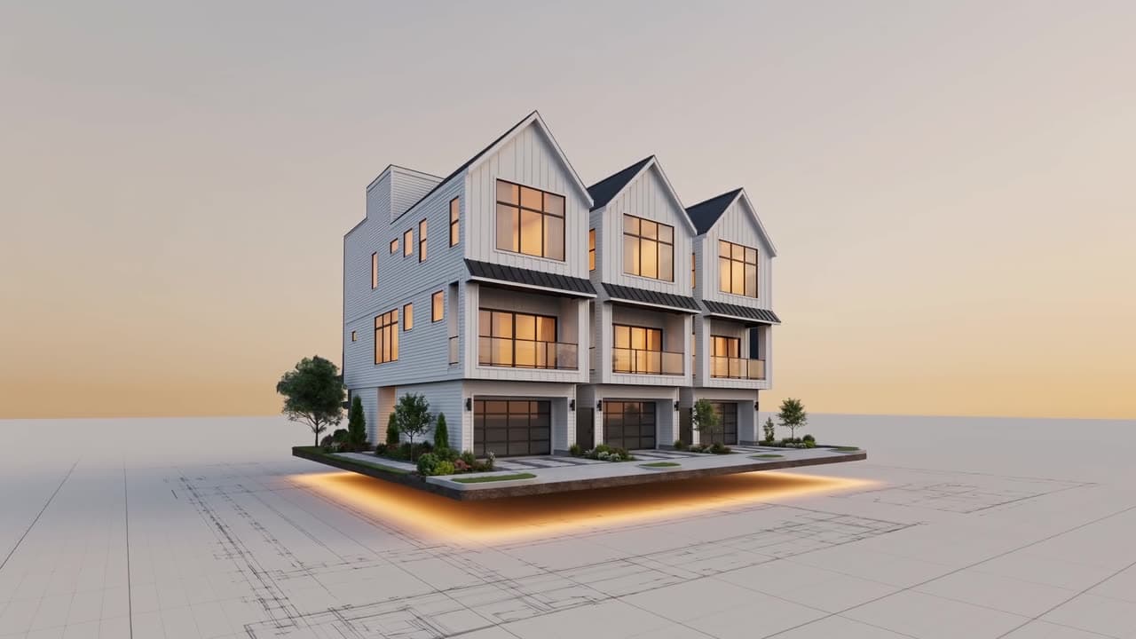 Skyline Homes modern townhome, floating architectural model over a blueprint